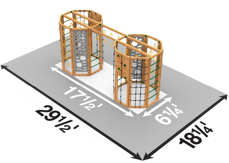 Gold version of the Playstar Cliff-Hanger wooden playset featuring climbing walls, ropes, and hanging grips