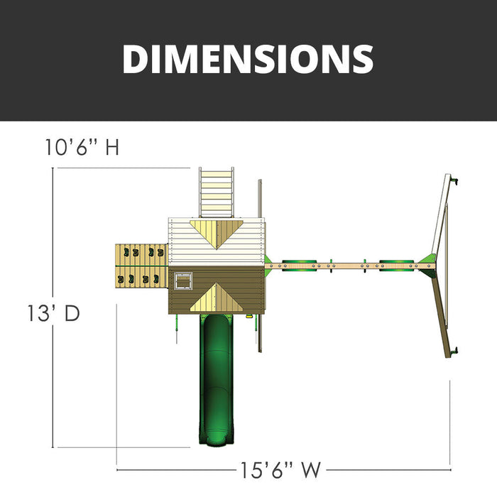 Overhead dimension diagram of the Gorilla Playsets Nantucket II showing 10ft 6in height, 13ft depth, and 15ft 6in width measurements