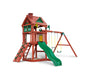 Gorilla Playsets Nantucket II swing set on white background showing two-story treehouse, green slide, rock wall, swing beam, and sandbox area