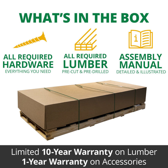 Nantucket II Swing Set box contents showing all required hardware, pre-cut lumber, and illustrated assembly manual with 10-year warranty