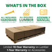 Nantucket II Swing Set box contents showing all required hardware, pre-cut lumber, and illustrated assembly manual with 10-year warranty