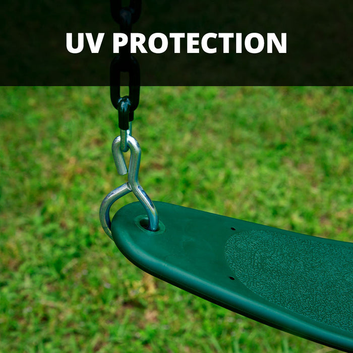 Close-up of UV-protected green swing seat with heavy-duty metal chain and carabiner hook on the Nantucket II playset