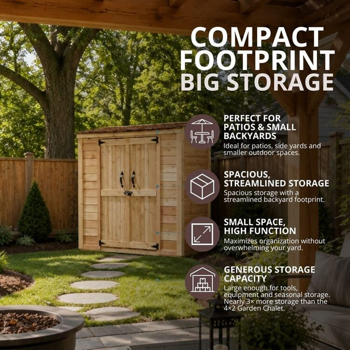 Outdoor Living Today Grand Garden Chalet 6x3 with cedar siding in a small backyard, offering compact-footprint storage for tools and equipment.
