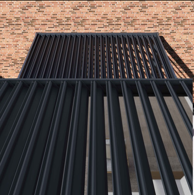 close up of the black louvers on grand tuscan pergola and the way it turns