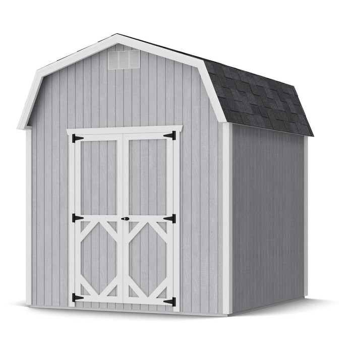 Compact 8x8 gray Classic Gambrel barn with white trim and black roof shingles by Little Cottage Co., ideal for tool or garden storage.