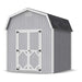 Compact 8x8 gray Classic Gambrel barn with white trim and black roof shingles by Little Cottage Co., ideal for tool or garden storage.