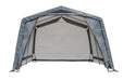 Gray ShelterLogic shed on white background. This portable gray tent is ideal for temporary outdoor storage