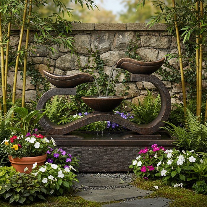 Close angle of the Exaco Infinity water fountain in Rust finish beside a wood-framed entrance.