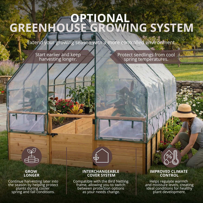 Optional greenhouse growing system with clear roll-up panels and roof vent fitted over the Outdoor Living Today Garden in a Box 8×12.