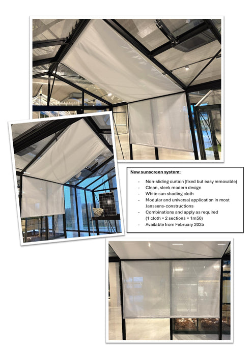 Overview of Exaco Fixed Shadecloth installed inside greenhouse roof, with modular white shading cloth and notes on easy application and sizing options.