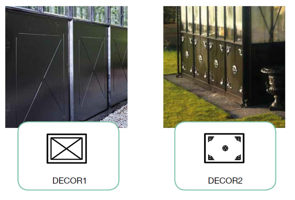 Comparison of two greenhouse panel styles: X-pattern minimal design and ornate decorative panels with corner embellishments and central medallion detail.