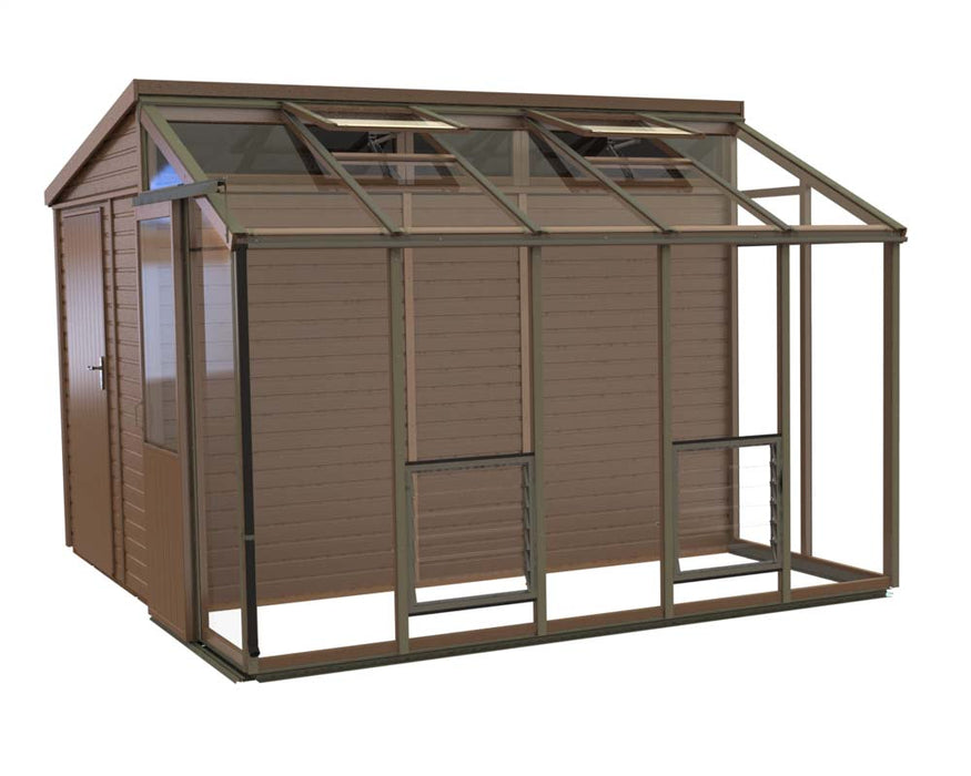 A detailed render of the Alton Cedar Fusion Greenhouse with a wooden frame and glass panels.