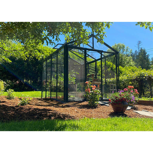 A modern Exaco Janssens Royal Victorian VI 23 greenhouse with a sleek design, surrounded by colorful flowers in a sunny backyard.