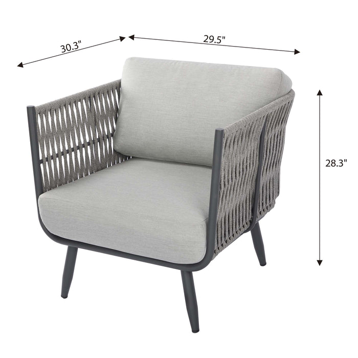 Studio shot of a grey rope weave armchair from the Elementi Milano Collection, with four metal legs, on a white background. 