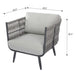 Studio shot of a grey rope weave armchair from the Elementi Milano Collection, with four metal legs, on a white background. 