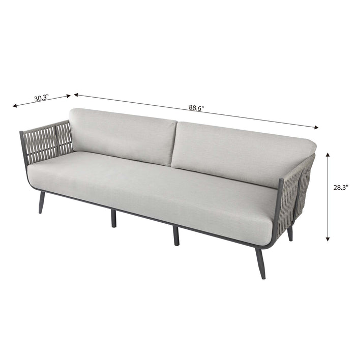 Studio shot of a grey rope weave sofa from the Elementi Milano Collection on a white background, with dimensions overlayed