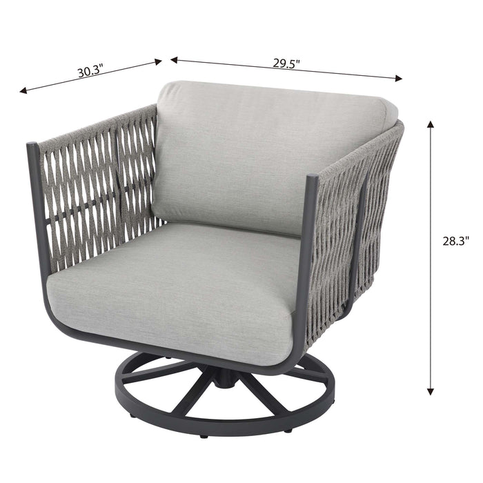 Studio shot of a grey rope weave swivel armchair from the Elementi Milano Collection on a white background, with a visual overlay indicating its dimensions