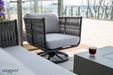 Close-up of a grey rope weave swivel armchair with light cushions from the Elementi Milano Collection. 