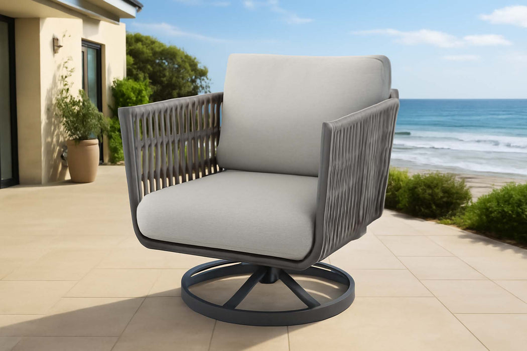 An outdoor grey rope weave swivel armchair from the Elementi Milano Collection, featuring light grey cushions and a circular metal base. I