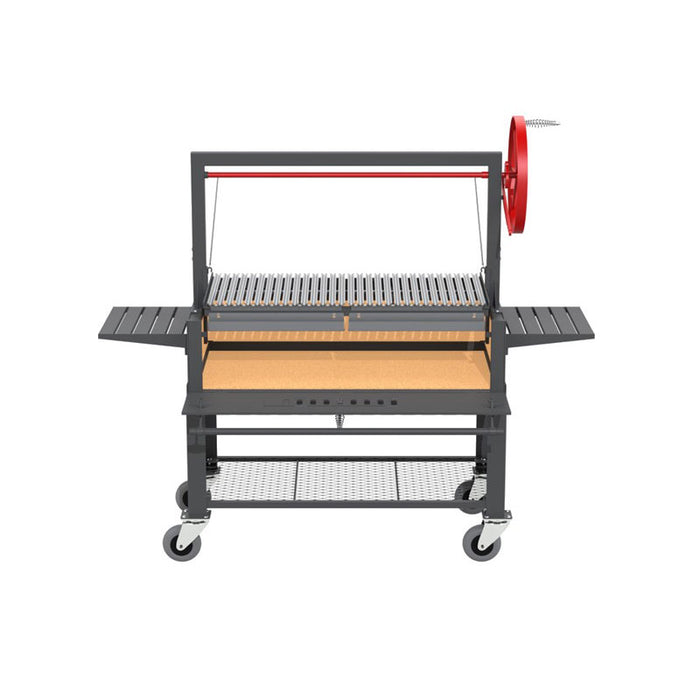 Grilling area of the Sunterra Outdoor Santa Maria BBQ Grill with Cart, showcasing its large cooking surface and adjustable height.