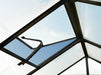 Close up of Growers Supply greenhouse roof vent with manual opener arm and polycarbonate panels for airflow control