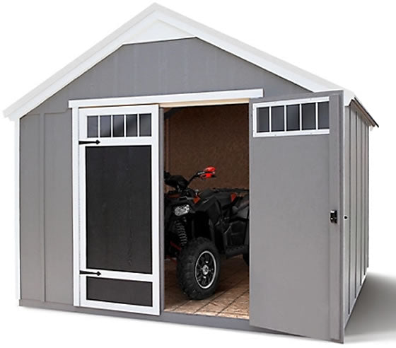 Handy Home 10x8 Acadia with double doors and windows. The doors are open, revealing a four-wheeler parked inside.