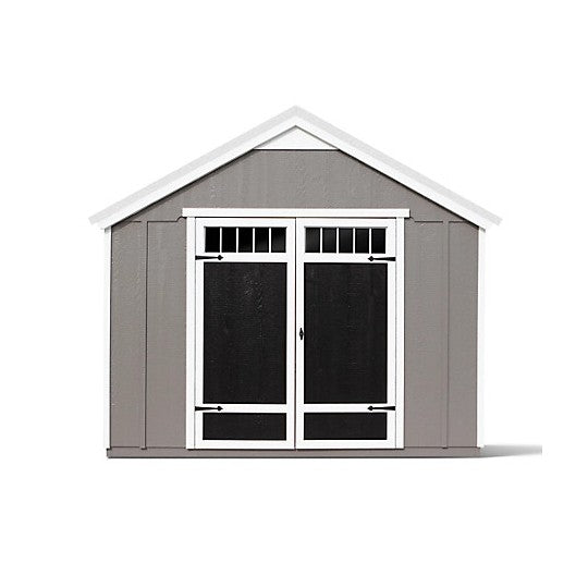Handy Home 10x8 Acadia double doors, and windows. The doors feature decorative cross-hatching. 