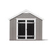 Handy Home 10x8 Acadia double doors, and windows. The doors feature decorative cross-hatching. 