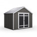 Handy Home 10x8 Acadia with a metal roof, double doors with windows, and white trim.