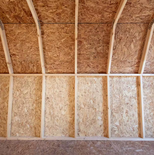 View of the ceiling panels inside the Handy Home Andover 8x12 wood storage shed.