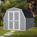 Exterior view of Handy Home Andover 8x12 wood storage shed in a garden setting.