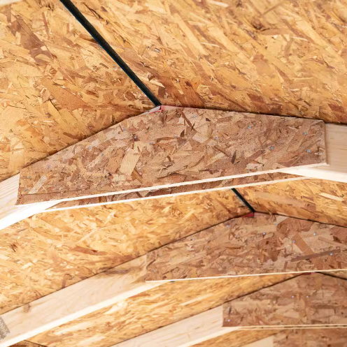 Detailed view of the roof structure inside the Handy Home Andover 8x12 wood storage shed.