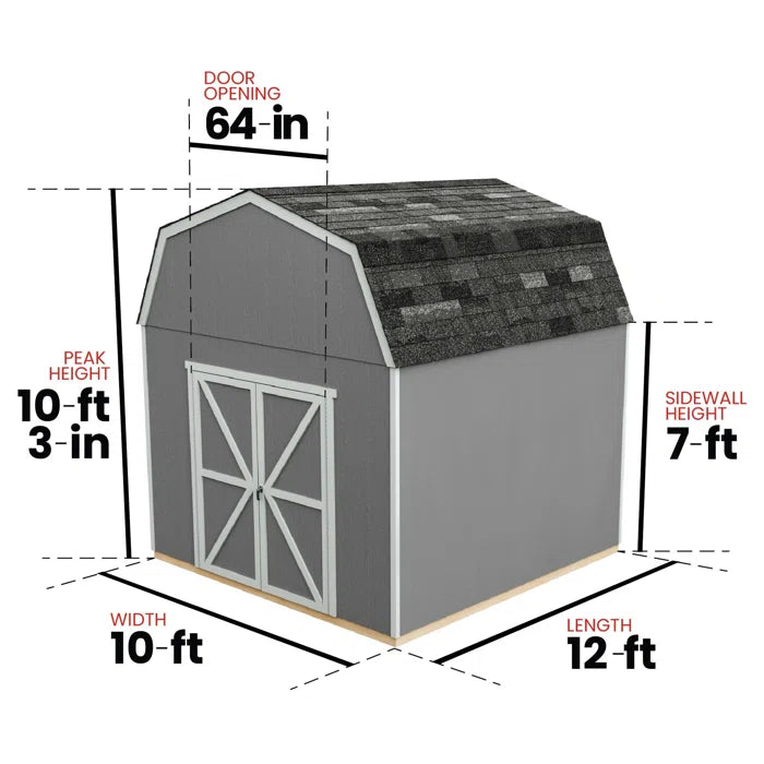 Handy Home Braymore wood storage shed with dimensions of 10x12 displayed.