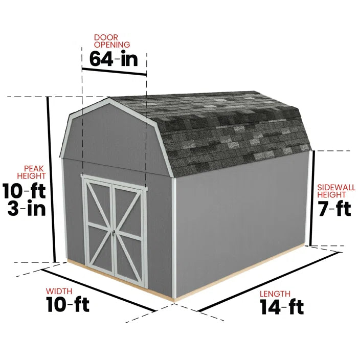 Handy Home Braymore wood storage shed with dimensions of 10x14 displayed.