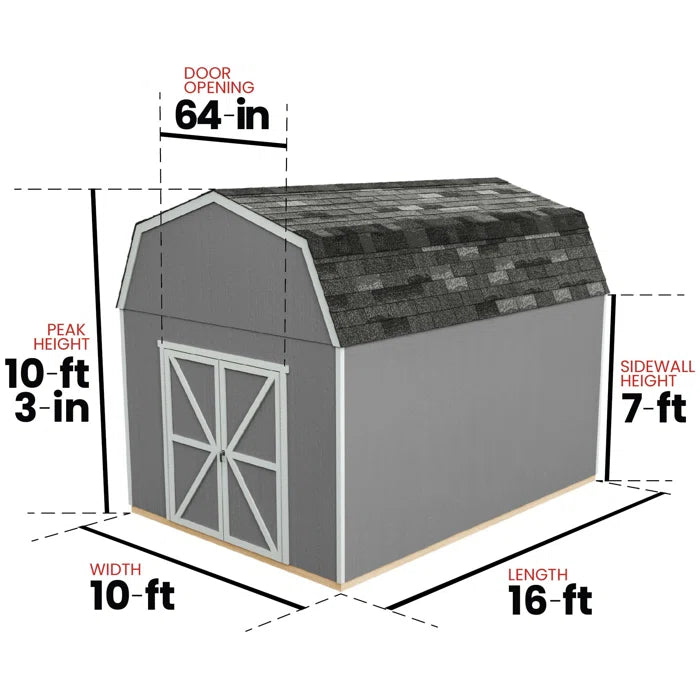 Handy Home Braymore wood storage shed with dimensions of 10x16 displayed.