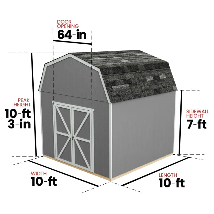 Handy Home Braymore wood storage shed with dimensions of 10x10 displayed. 