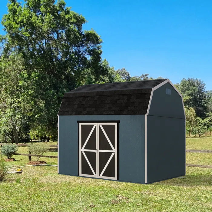 Handy Home Braymore wood storage shed on a lawn with trees in the background.