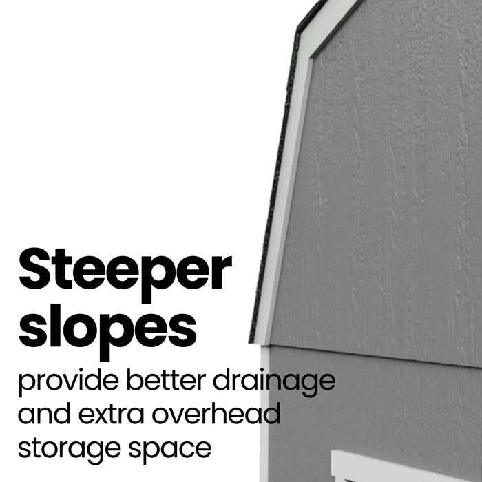 Handy Home Braymore wood storage shed with steeper slopes for better drainage and extra overhead storage space.