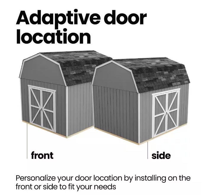 Handy Home Briarwood Wood Storage Shed Kit showing adaptive door location options - front or side installation.