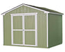  Handy Home Cumberland Garden Shed Painted Green with White Trim