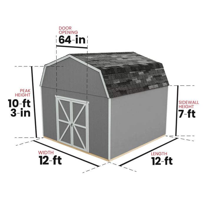 Handy Home Hudson storage shed with detailed dimensions and door opening size.