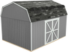 Full view of the Handy Home Hudson storage shed showing double doors and roof structure.