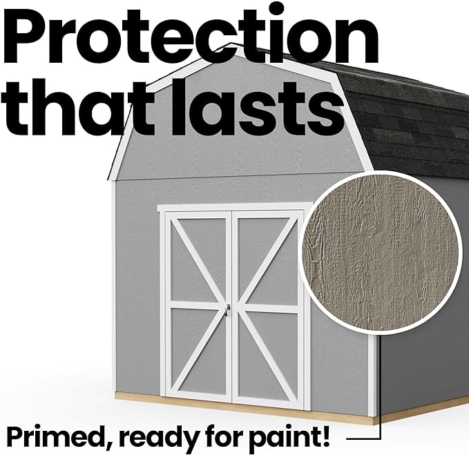 Handy Home Hudson storage shed with text "Protection that lasts, primed, ready for paint!"