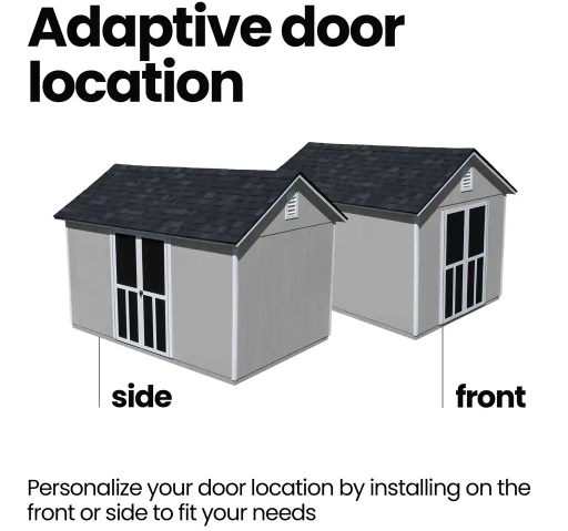 Illustration of a Handy Home Meridian shed showing adaptive door location options with doors on the front or side.