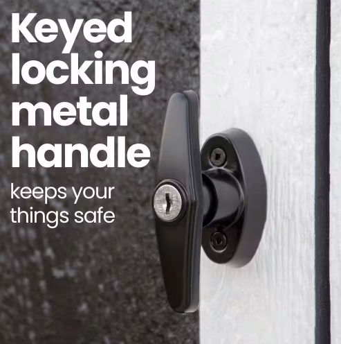 Close-up of the keyed locking metal handle on a Handy Home Meridian shed, ensuring secure storage.