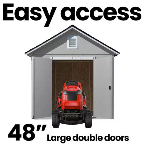 "Easy access" feature of the Handy Home Meridian shed, showing large 48-inch double doors with a lawnmower demonstrating the entry space.