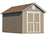 Handy Home Meridian wood shed in tan, featuring double doors and a contrasting dark roof, ideal for both storage and style in your backyard.