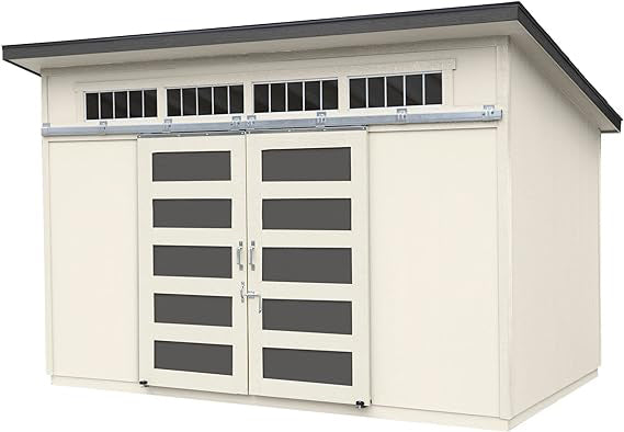 Handy Home Palisade shed with cream siding, black trim, sliding barn doors and multiple windows.