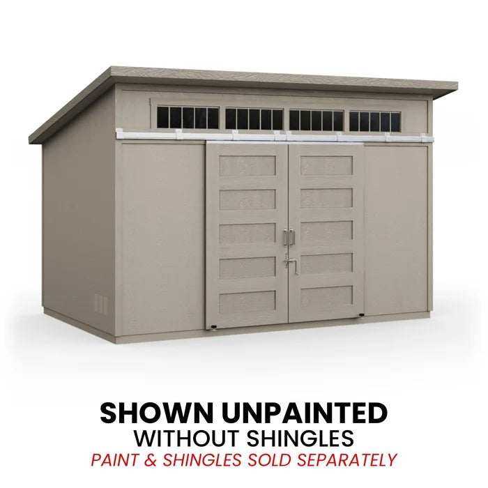Handy Home Palisade shed with modern design, featuring a high roofline, sliding barn doors, and multiple windows.
