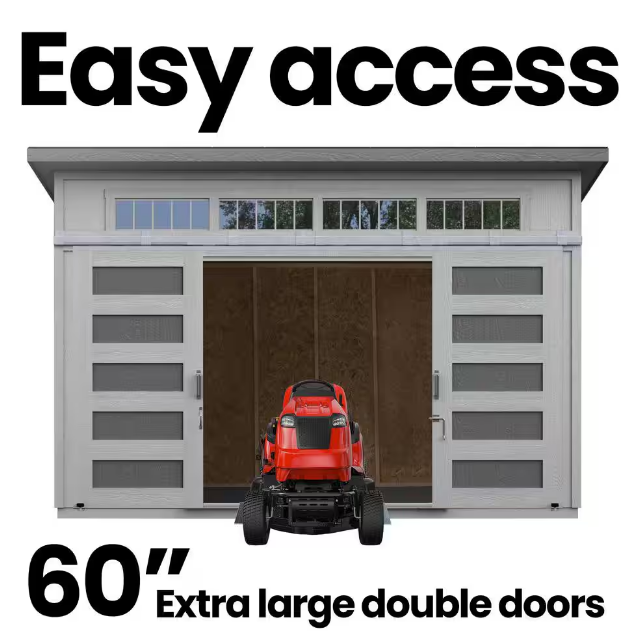 Handy Home Palisade shed with extra-large 60" double doors provides easy access for storing large equipment like a riding lawnmower.